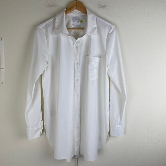 LYSSÉ Schiffer Button Down Shirt Size L White Stretch Top Staple Timeless Career - Picture 8 of 14